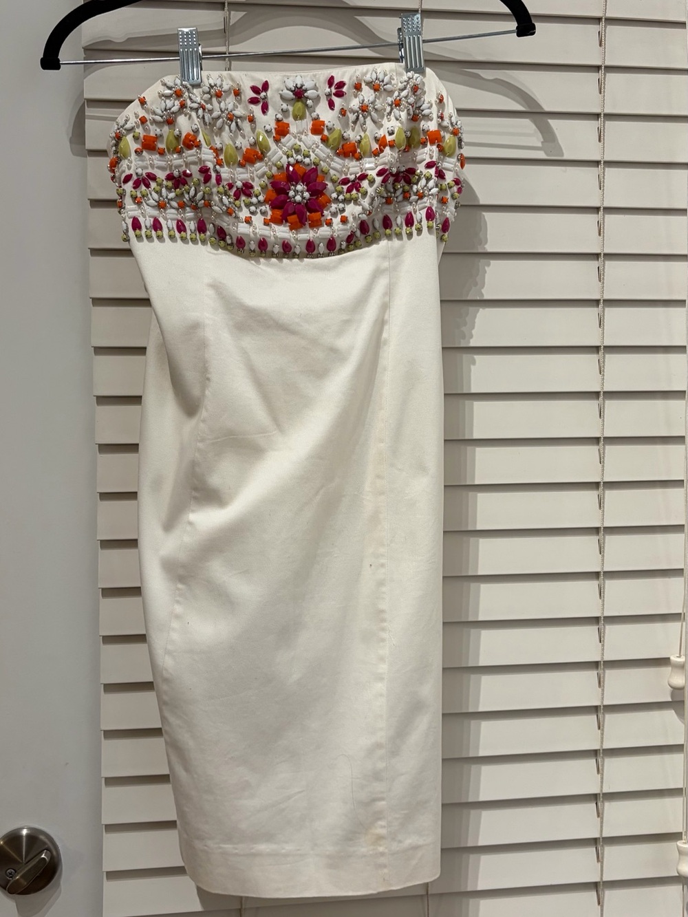 Marciano White Strapless Sheath Dress with Pink and Orange Beading
